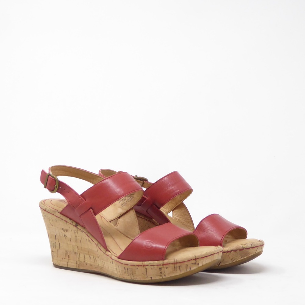 Born Womens Cherry Wedge Sandals Red Leather Strappy Cork F45305 Size 7